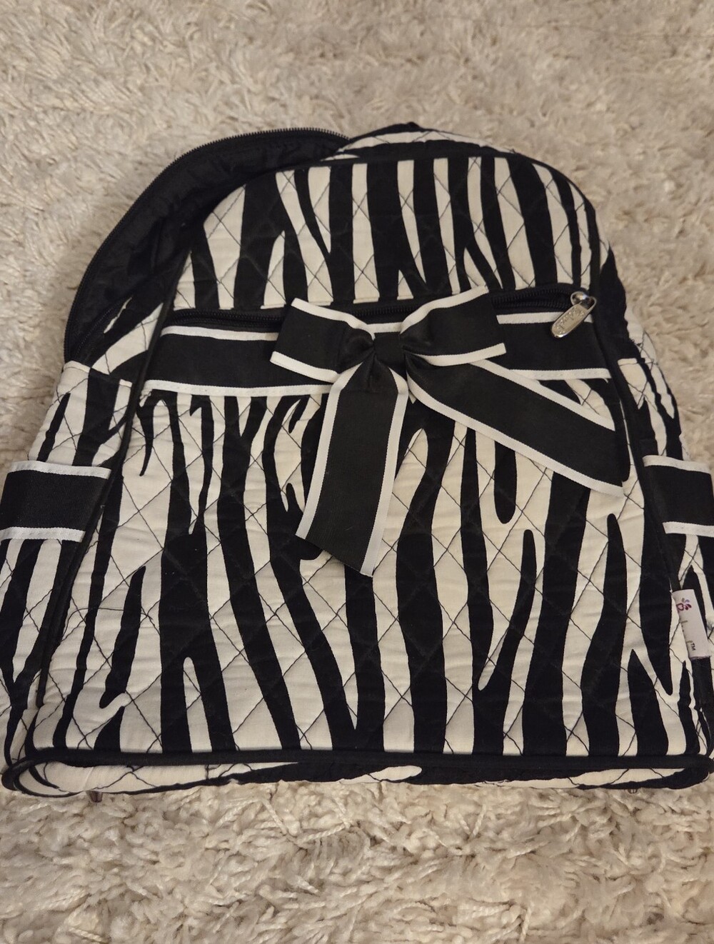 Quilted Black and White Zebra Print Backpack with Bow